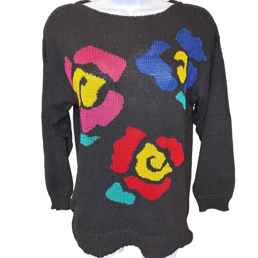 Vintage‎ 80s Lloyd Williams Womens Black Silk Blend Floral Sweater M Unique Bold